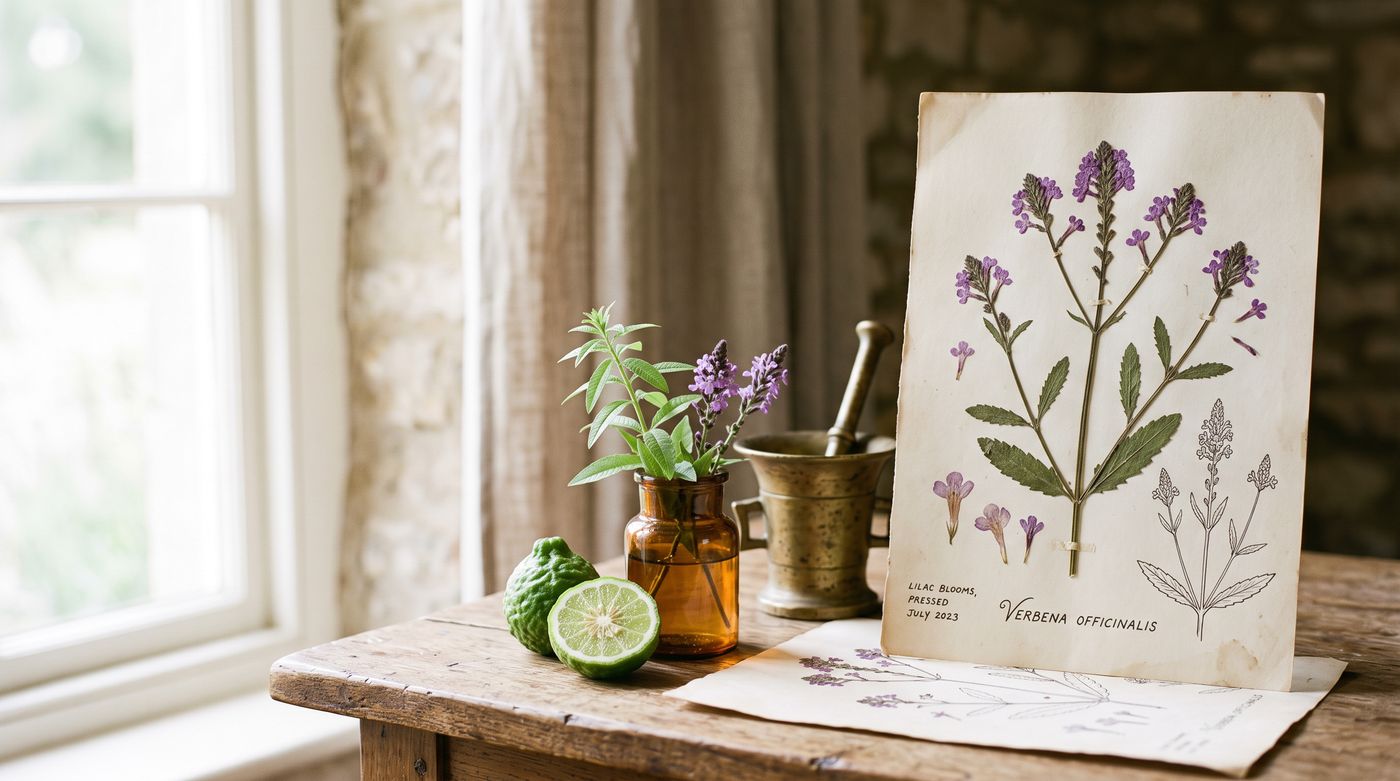 Verbena, bergamot a staré lékárenské nádoby na papíře herbáře