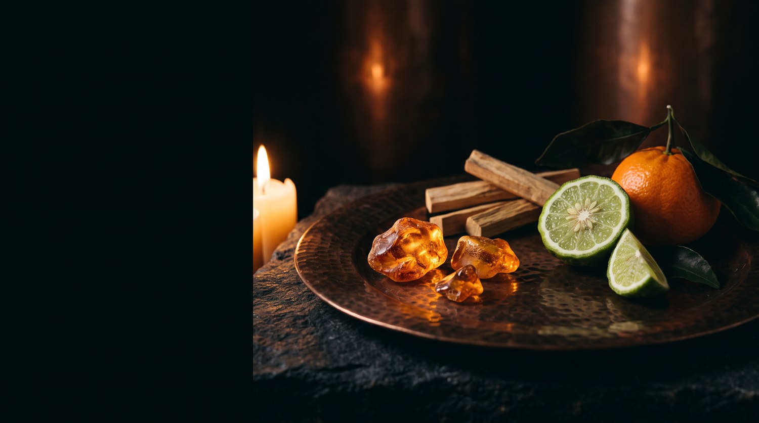 Surový jantar, santalové dřevo, bergamot a mandarinka při světle svíčky